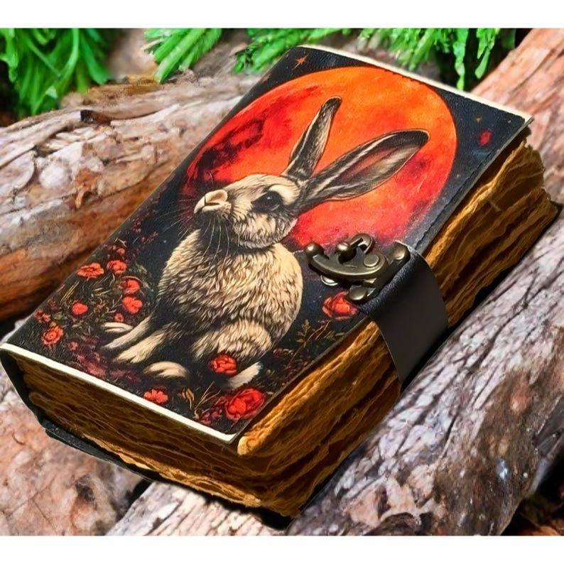 Rabbit Grimoire Leather Journal Notebook Journal for Women - Fat Journal Handmade Deckle Paper Notebook Journal for Gift