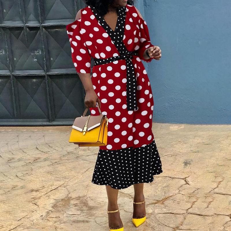 

VONDA Жіночі контрастні сукні з V-подібним вирізом і довгими рукавами в горошок 3XL червоний