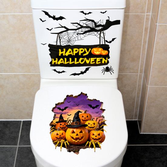 2Pcs Toilet Stickers, Halloween 3D Pumpkin & Bat Sticker, Waterproof Bathroom Decor, Removable Toilet Seat Cover Art, Residue-Free Wall Tile