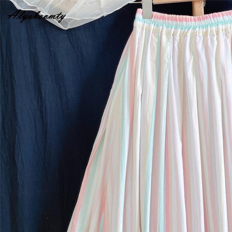 Spring Summer Women Rainbow Feminine Skirt Elastic Waist Pastel Striped Contrast Color Midi Skirt Cotton Soft Stylish Skirts Womens
