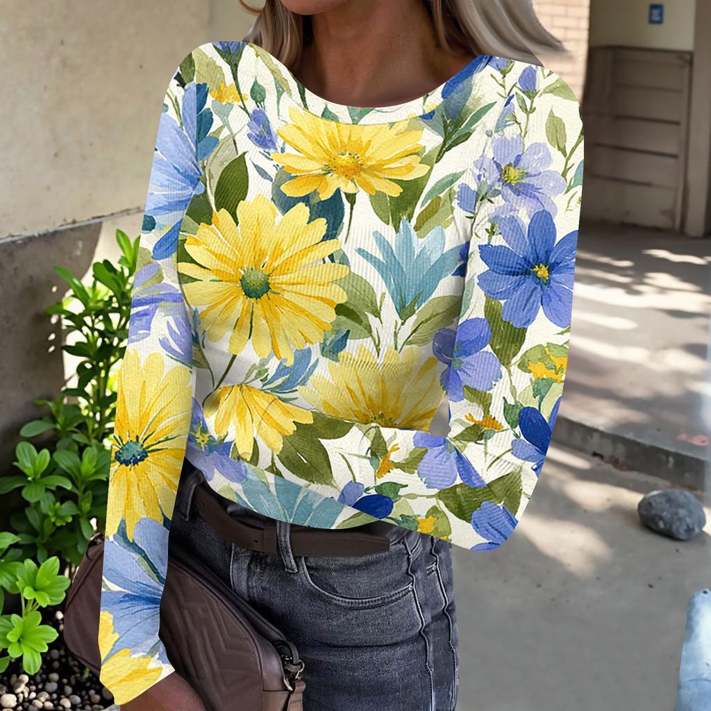 Women Casual Long Sleeve Crewneck Floral Print Ribbed Top Lightweight Pullover Loose Fit Soft Breathable Shirt for Daily Wear