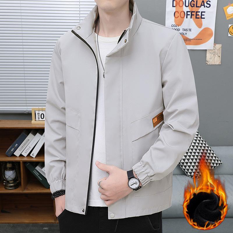 

Autumn and winter new velvet warm handsome jacket loose blue stand-up collar top men s versatile casual trendy jacket 5XL серый