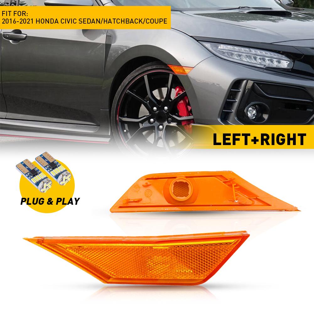 2Pcs Car LED Fender Side Indicator Lamp For 2016-2021 Honda Civic Sedan Hatchback Coupe Front Turn Signal Marker Lights