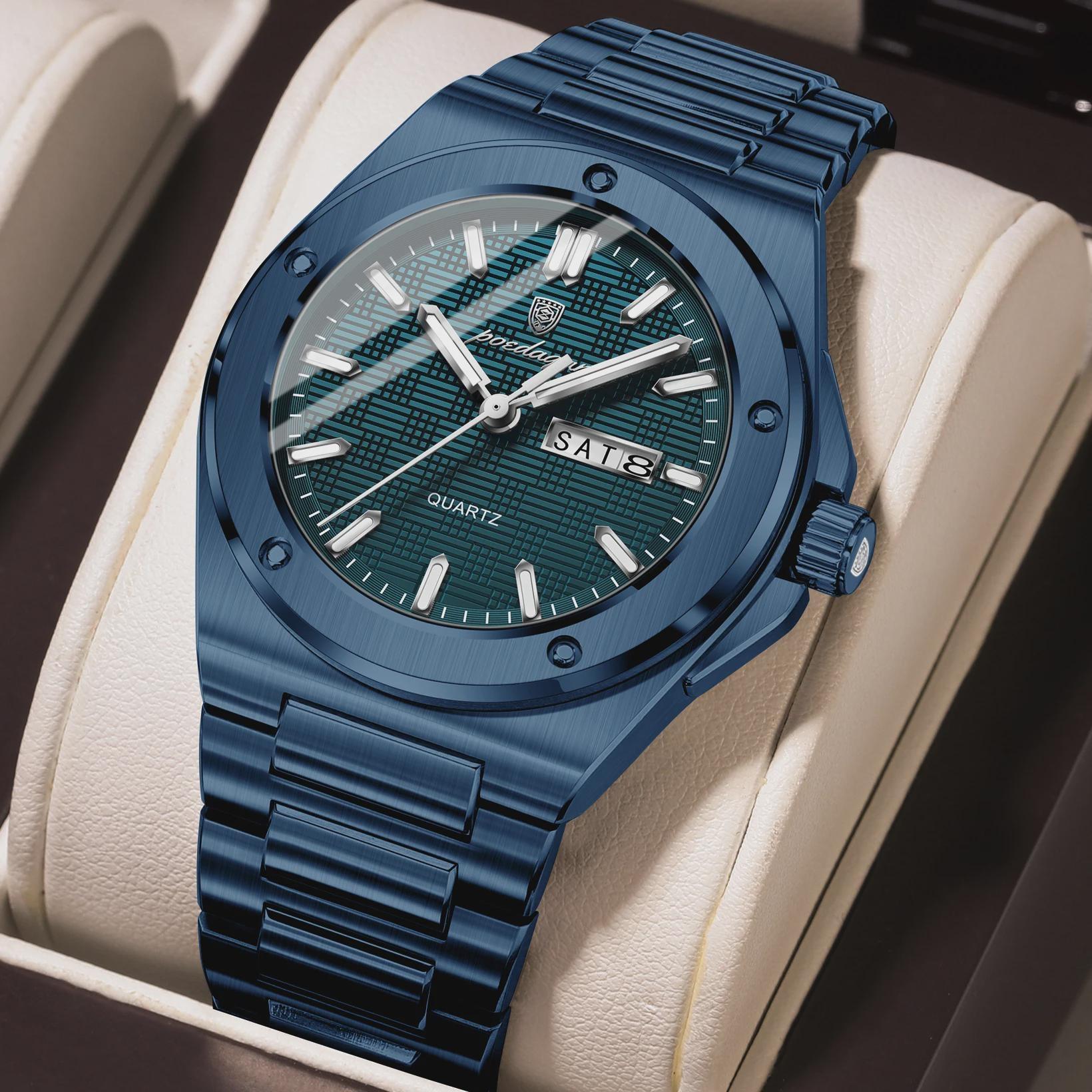

POEDAGAR Men Clock Quartz Date Week Luxury Man Wristwatch Waterproof Luminous Stainless Steel Sport Watches синій