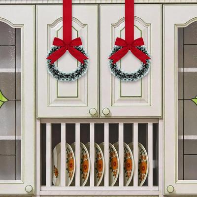 Mini Christmas Cabinet Wreaths 5.1 Inch Small Kitchen Xmas Decor with Red Ribbon Bow Window Door Office Holiday Decoration