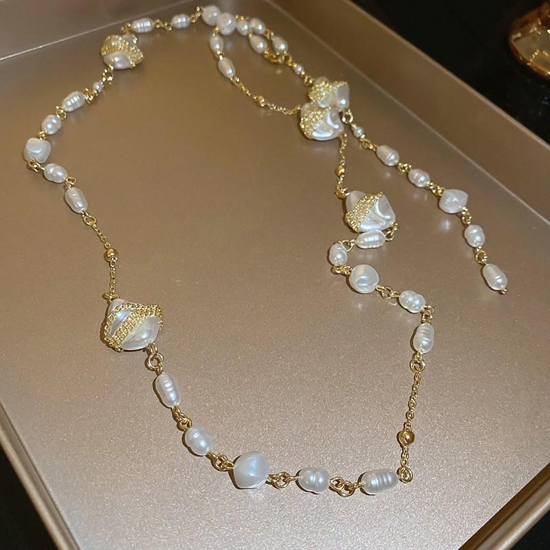 Diamond Water Drop Pearl Beaded Necklace Autumn and Winter French Light Luxury Sweater Chain Fashionable Versatile High-end Jewelry