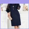 Elegant French Style Long Sleeve Lace Colorblock Dress For Business And Evening Events