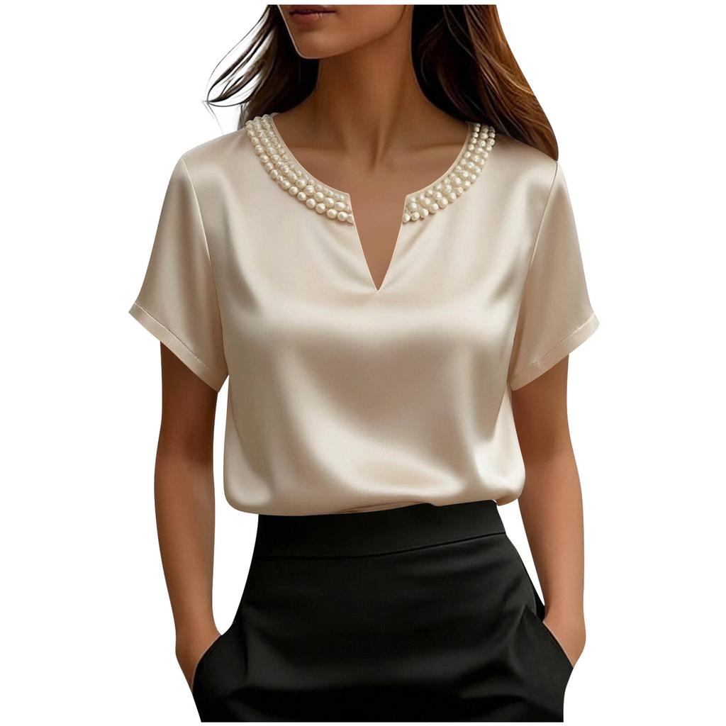 Top da Donna alla Moda a Vestibilità Larga Francese Raso Raso Collo di Perle Manica Corta