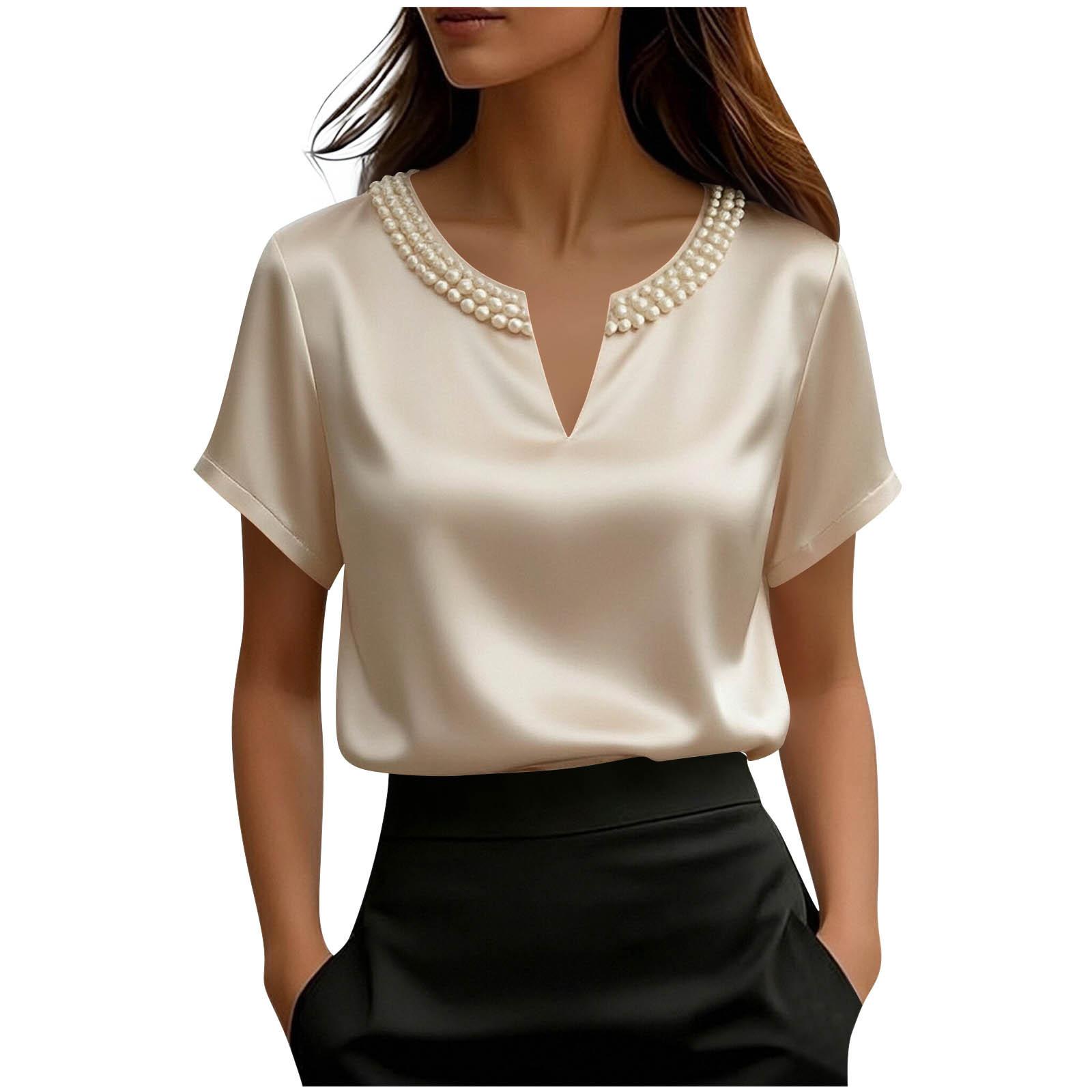 Women s Fashionable Loose-fitting French Satin Satin Pearl Collar Short-sleeved Top L бежевый