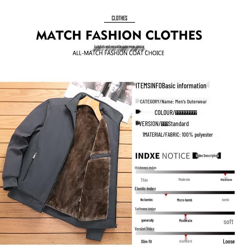 Men's Plus-Size Thick Fleece-Lined Stand Collar Jacket - Casual Fashion for Middle Age