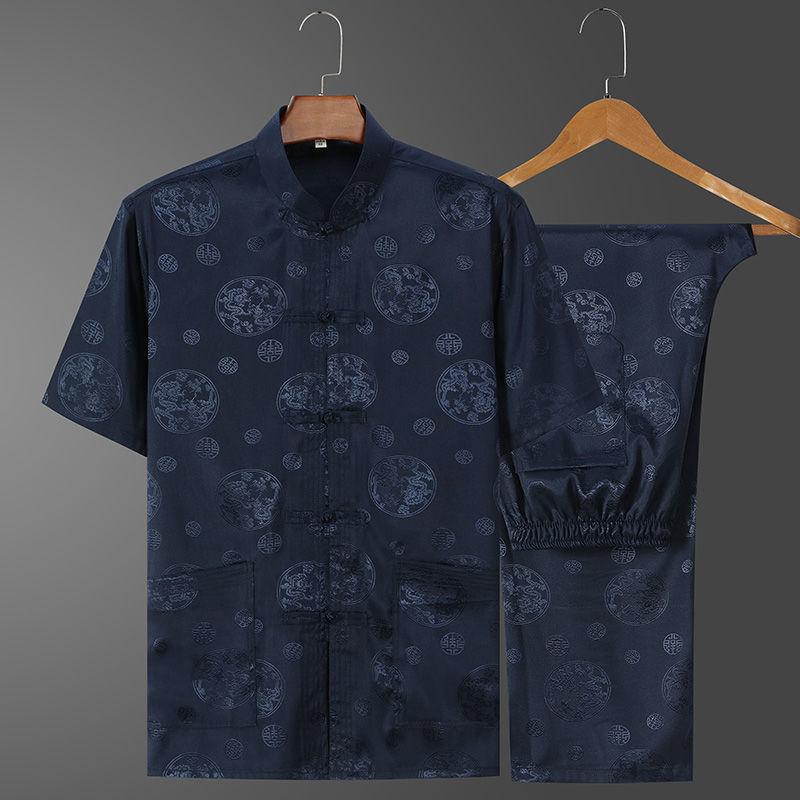 Casual Ice Silk Tang Suit Men's Short Sleeve Loose Fit Plus Size Chinese Style Father Hanfu Summer Clothing For Middle-Aged