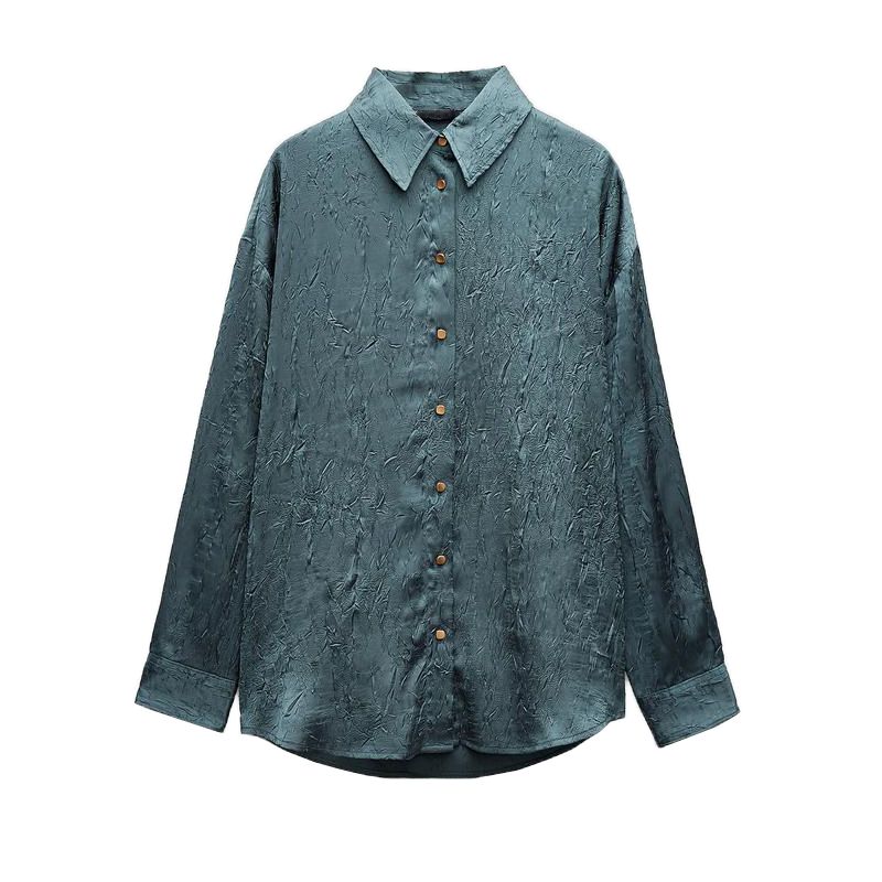 

Spring New Women s Clothing Silk Satin Long Sleeves Shirt 2157221 Wrinkle Effect Wide Leg Pants 8510456 Petroleum color Tops M