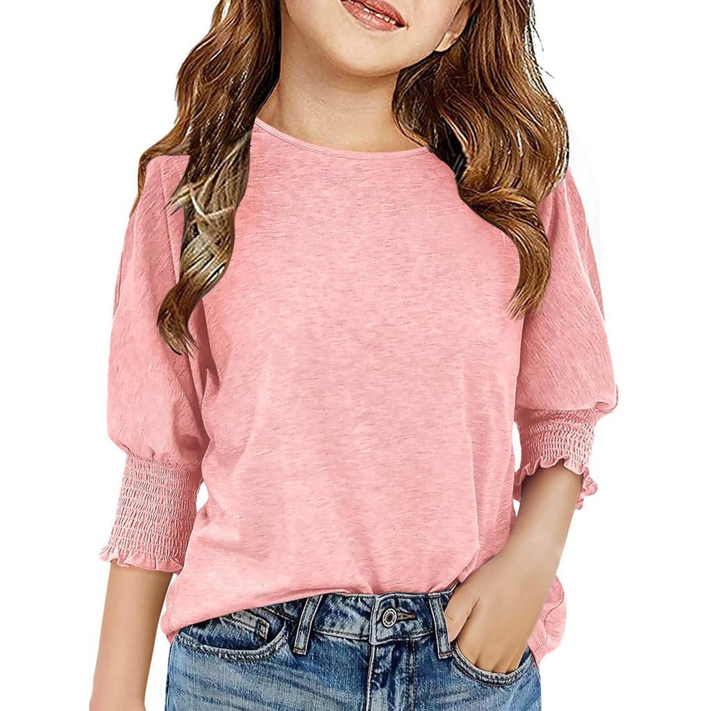 Girls' 3/4 Sleeve Blouse - Round Neck Ruffle Shirt