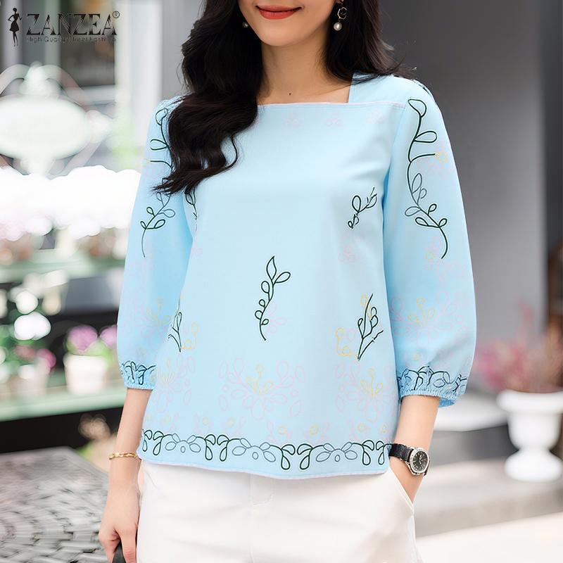 

ZANZEA Women Square Neck Summer Casual 3/4 Sleeve Loose Print Blouse S темно-зеленого