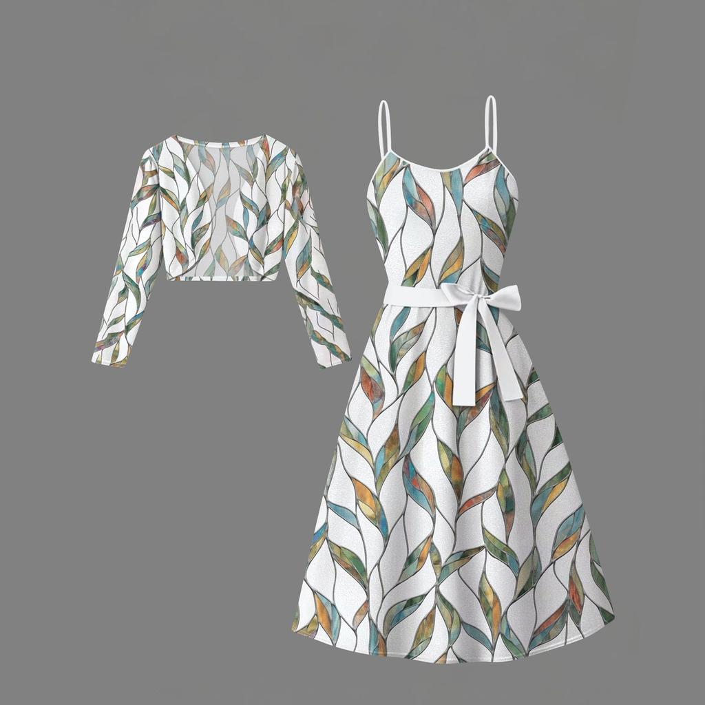 Women's  Fashionable And Casual Long-sleeved Short Cardigan Top + Belt + Strappy Dress Set