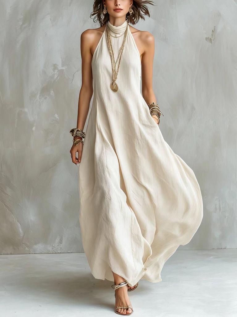 Bohemian Summer Off-the-Shoulder Maxi Dress - Women's Elegant Flowing Halter Neck Style
