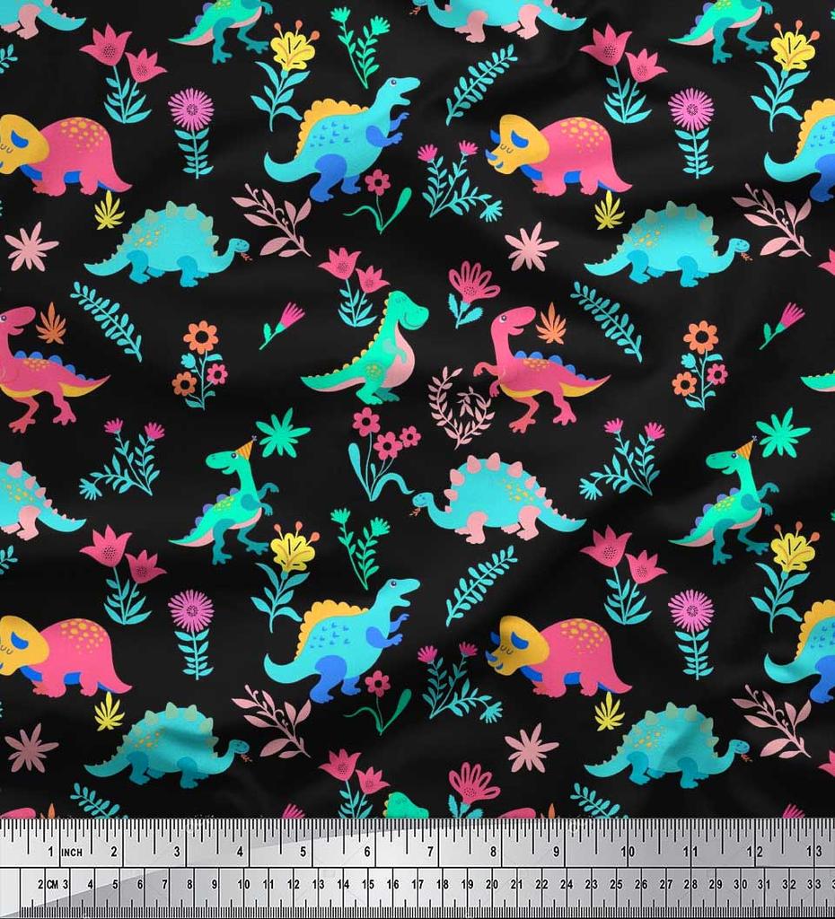 Soimoi Black Japan Crepe Satin Fabric Aster Flower & Dinosaur Kids Print Fabric by Metre 42 Inch