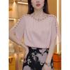 Summer Women's Pink Chiffon Blouse Rhinestone Trim Neckline Cape Sleeve Elegant Top