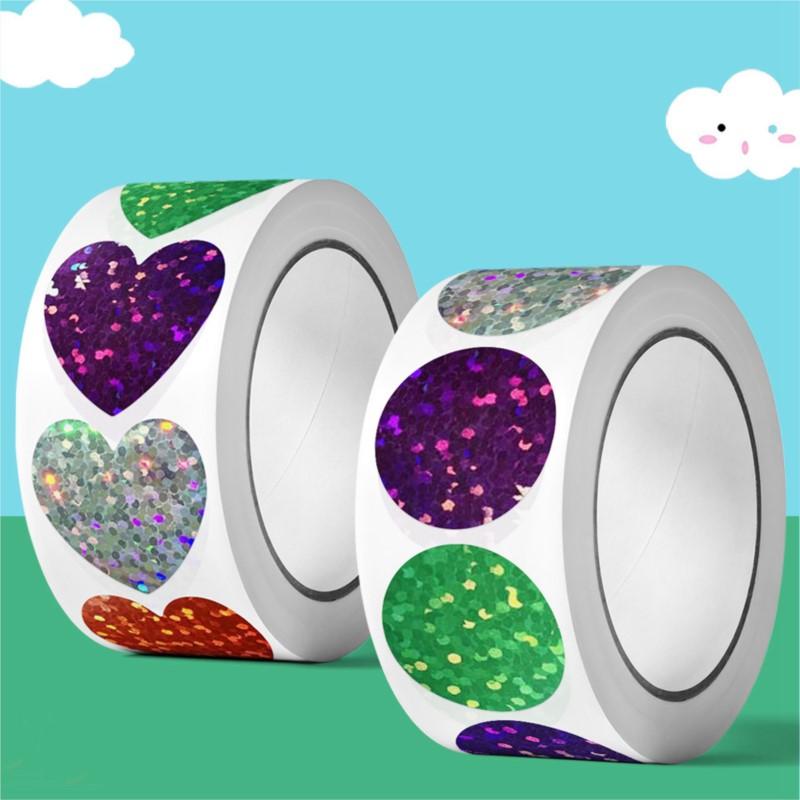 500Pcsroll Glitter Heart-Shaped Stickers For School Teacher Reward Sticker Party Gift Decor Business Labels Stationery Stickers