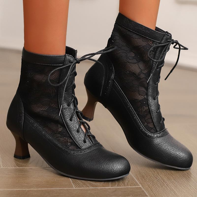 Retro Cosplay Summer Boots Women Patchwork Mesh Shoes Spring Victoria Leather Chunky Kitten Heels