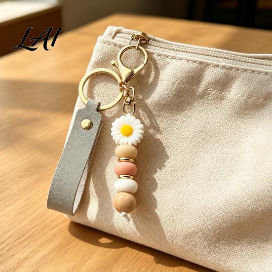 Decorative Handbag Charm Silicone Flower Keychain with Faux Leather Wristlet Car Key Ring Pendant Pendant Backpack Wood Beads Women