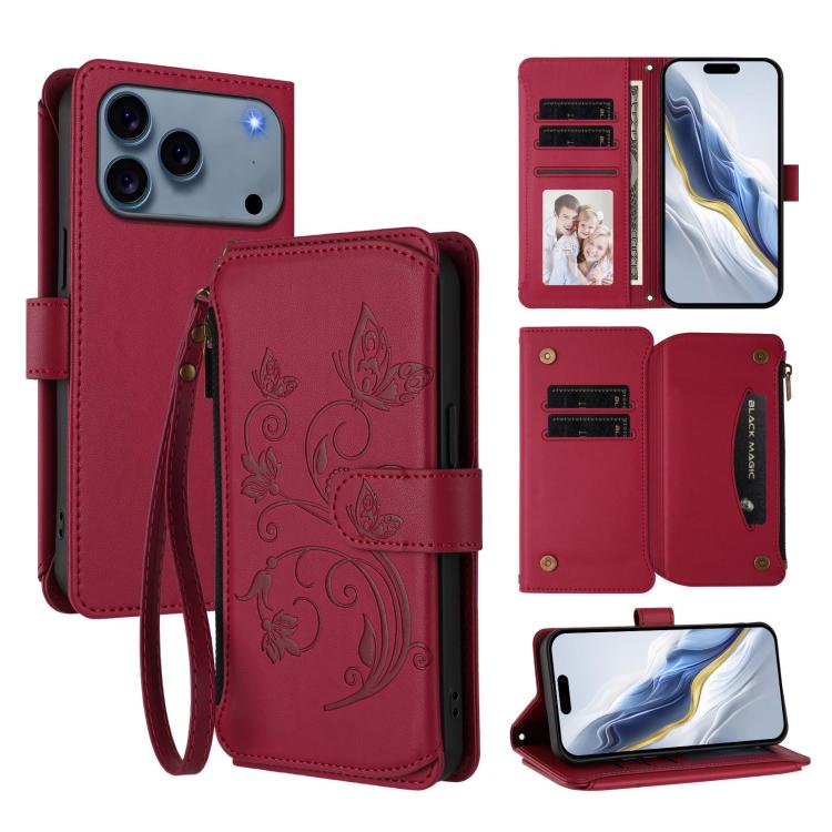 Butterfly Love Flower Multi-card Zipper Wallet Leather Phone Case For iPhone 17 Pro Max красный