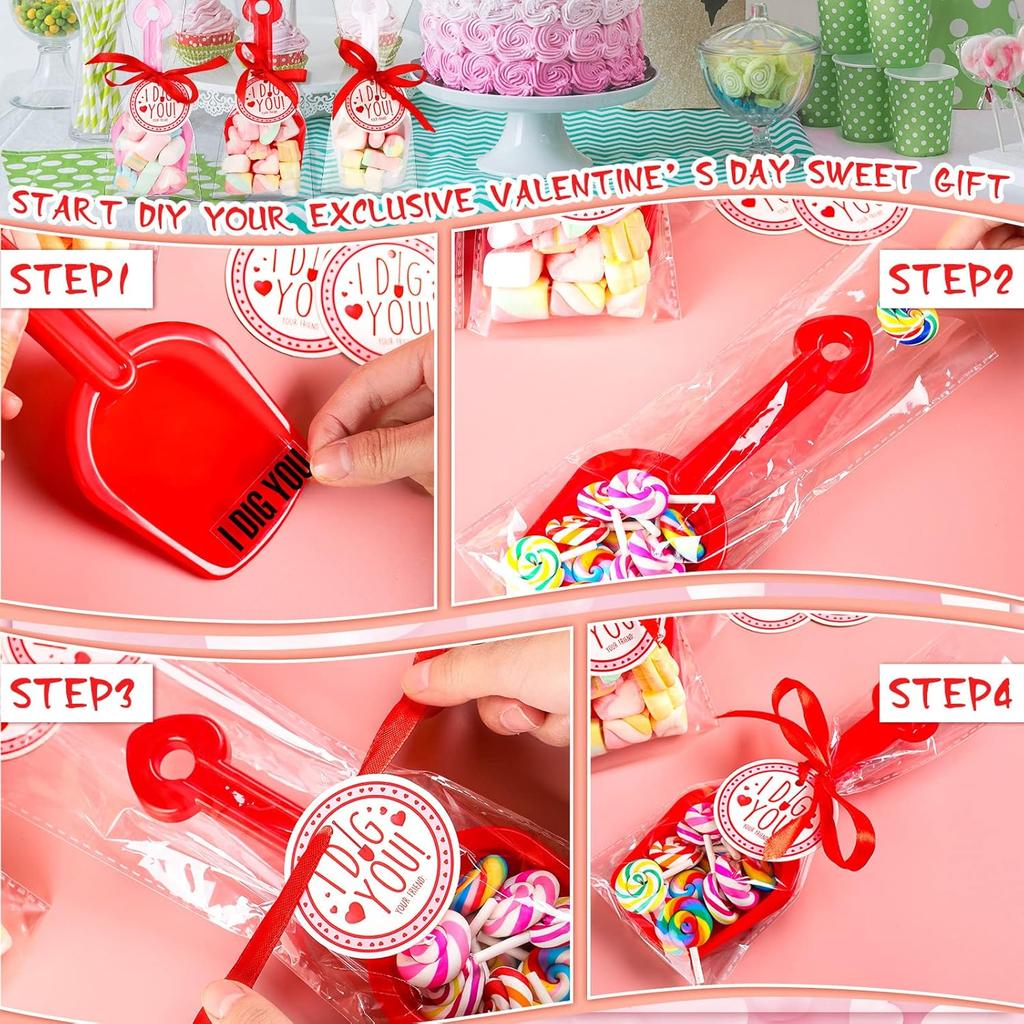 Chumia Valentine's Day Plastic Toy Shovels I Dig You Toy Shovels Set with I Dig You Stickers Valentine Tags with Ribbon Favor(133 Pieces)