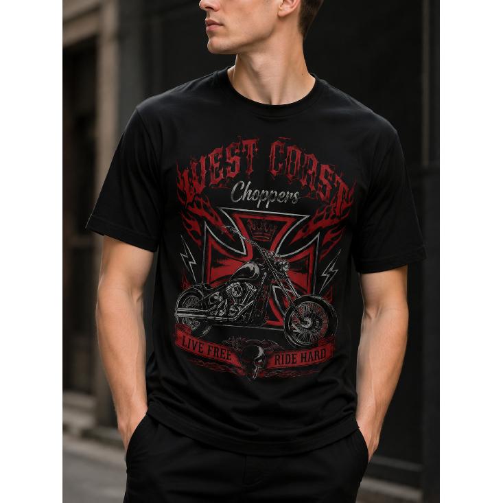 Herren schwarzes Kurzarm-Rundhals-T-Shirt mit auffälligem West Coast Choppers Motorrad-Grafik, rotem Flammen- und Totenkopf-Design, weiches Baumwollgefühl, Biker