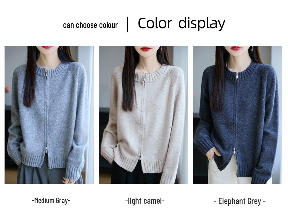 Korean Style Double Zipper Raccoon Fur Knit Cardigan - Stylish, Versatile Thick Round Neck Sweater Coat with Color Dots.