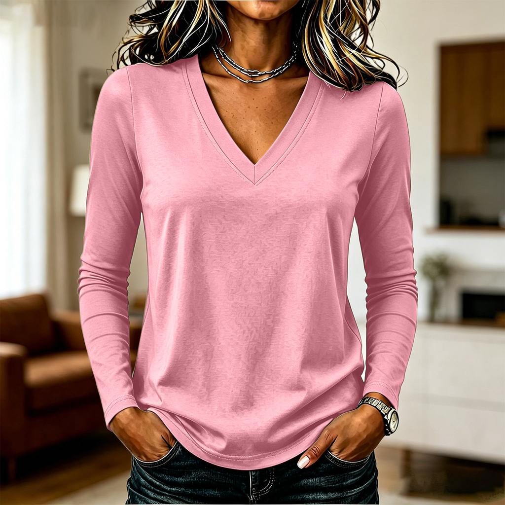 Top casual da donna a maniche lunghe, scollo a V, tinta unita, tessuto leggero, elastico, morbido, vestibilità comoda, per l'uso quotidiano