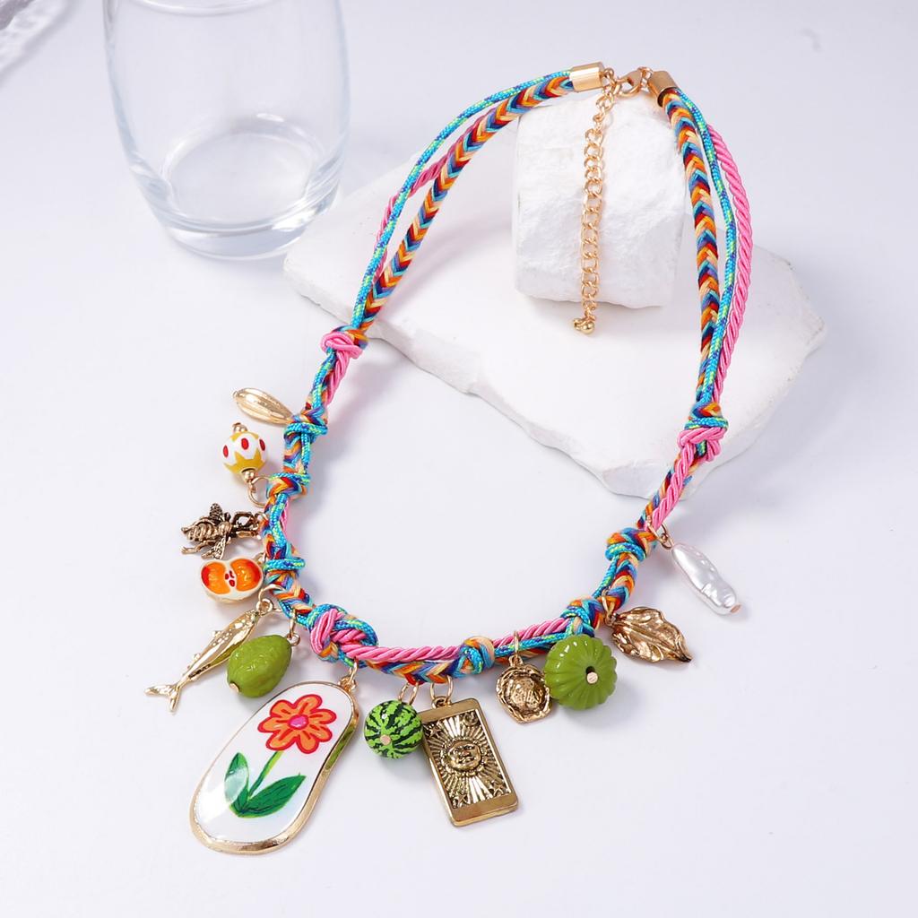 Summer fresh and simple dopamine color hand-woven rope alloy flower fruit pendant women's necklace