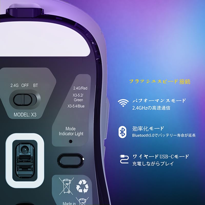 A.JAZZ x ATTACK SHARK X3 Gaming Mouse, Ultra-Lightweight, Wireless 2.4GBluetoothWired Type-C, Original PAW3395 Sensor, Class-A Accurate 26000 DPI,