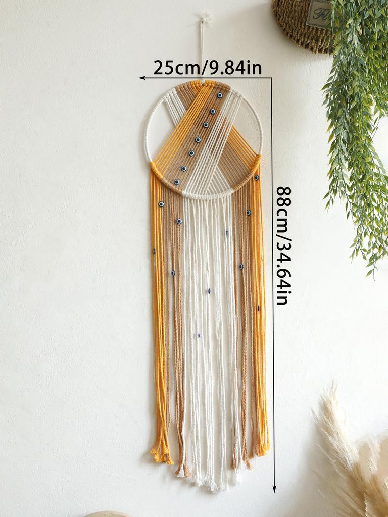Handmade Macrame Wall Hanging with Fringe and Evil Eye Beads – Boho Chic Yarn Tapestry Home Bedroom Living Room or Nursery Decor