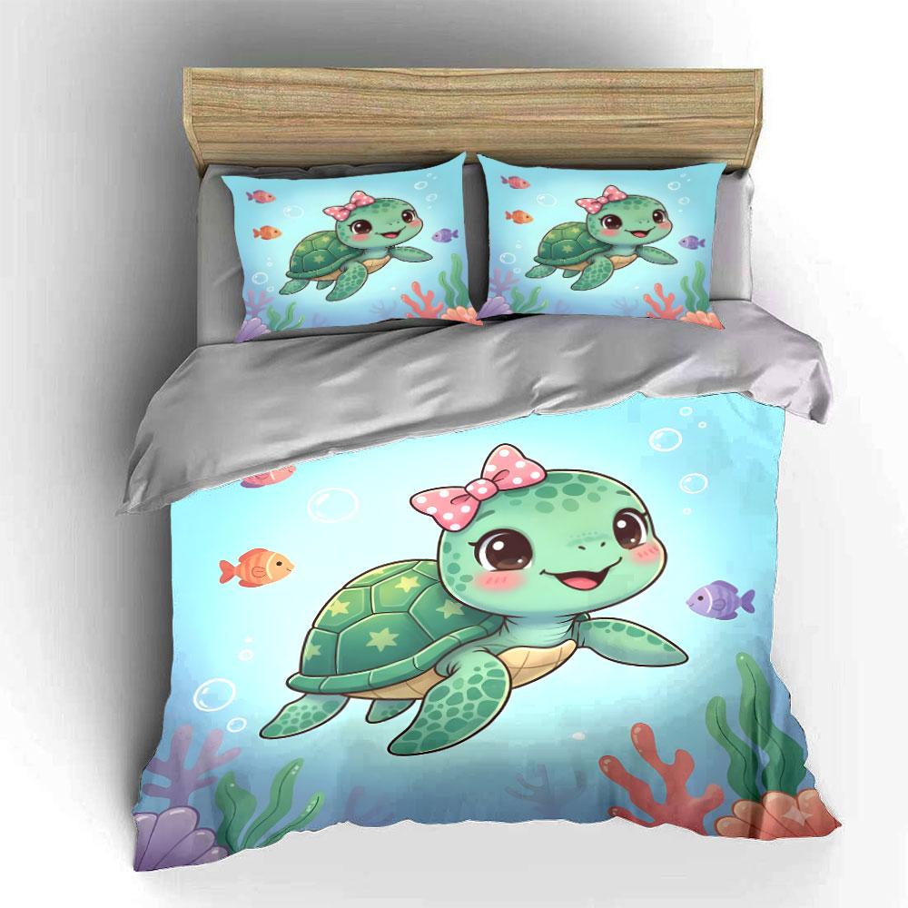 Cute Green Turtle Underwater Print Bedding Set 1 Duvet Cover 2 Pillowcases For Adult And Children Luxury Gift Full Size