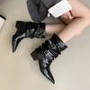 2025 autumn fashion pointed pleated low tube thick heel thin locomotive belt buckle Martin women's short boots
