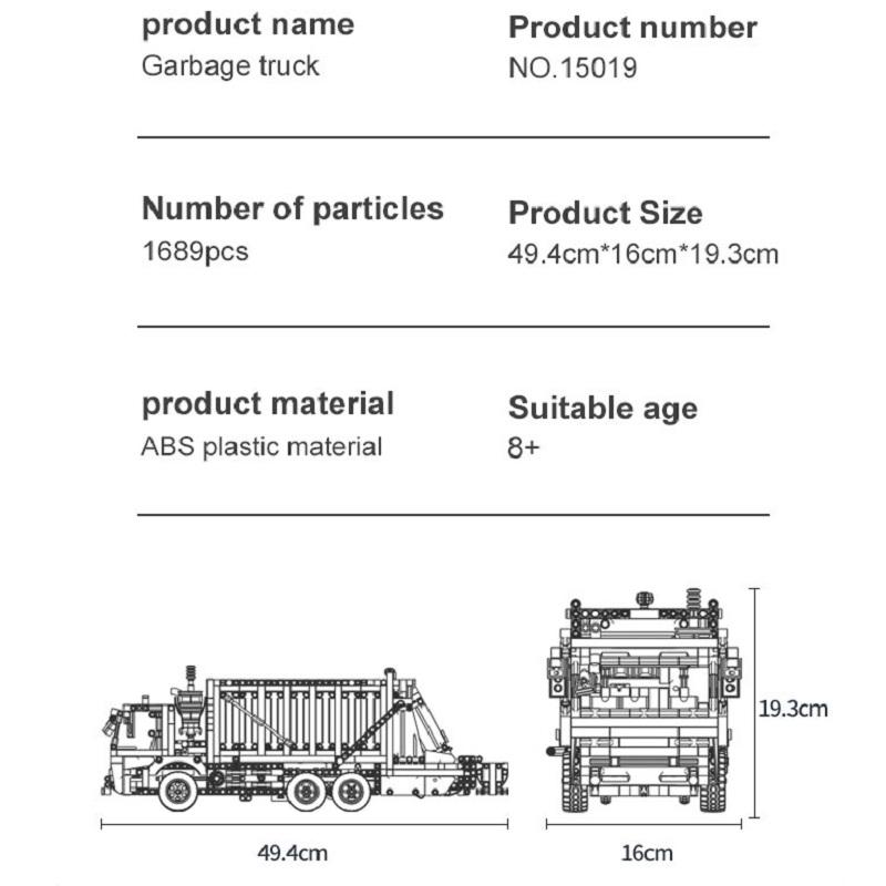 MOULD KING 15019 Technické hračky do auta pro kluky Model motorového popelářského vozu Stavebnice MOC-38031 Cihly Dětské Vánoční dárky