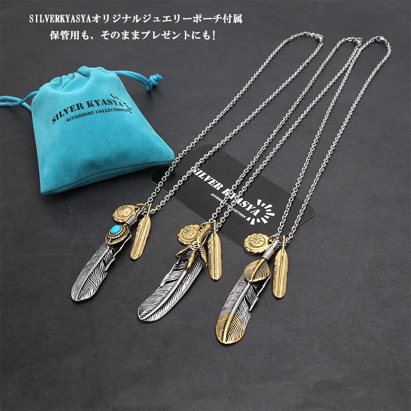 Stainless Steel Triple Feather Necklace for Extra Large Gold Sun Metal Pendant Rope [Silver KYASYA] Men, Silver, Feather, Claws, Turquoise, (Gold