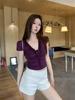 Lace splicing v-neck front shoulder short-sleeved T-shirt women's summer design sense slim and thin sexy pure desire Spice Girl short top