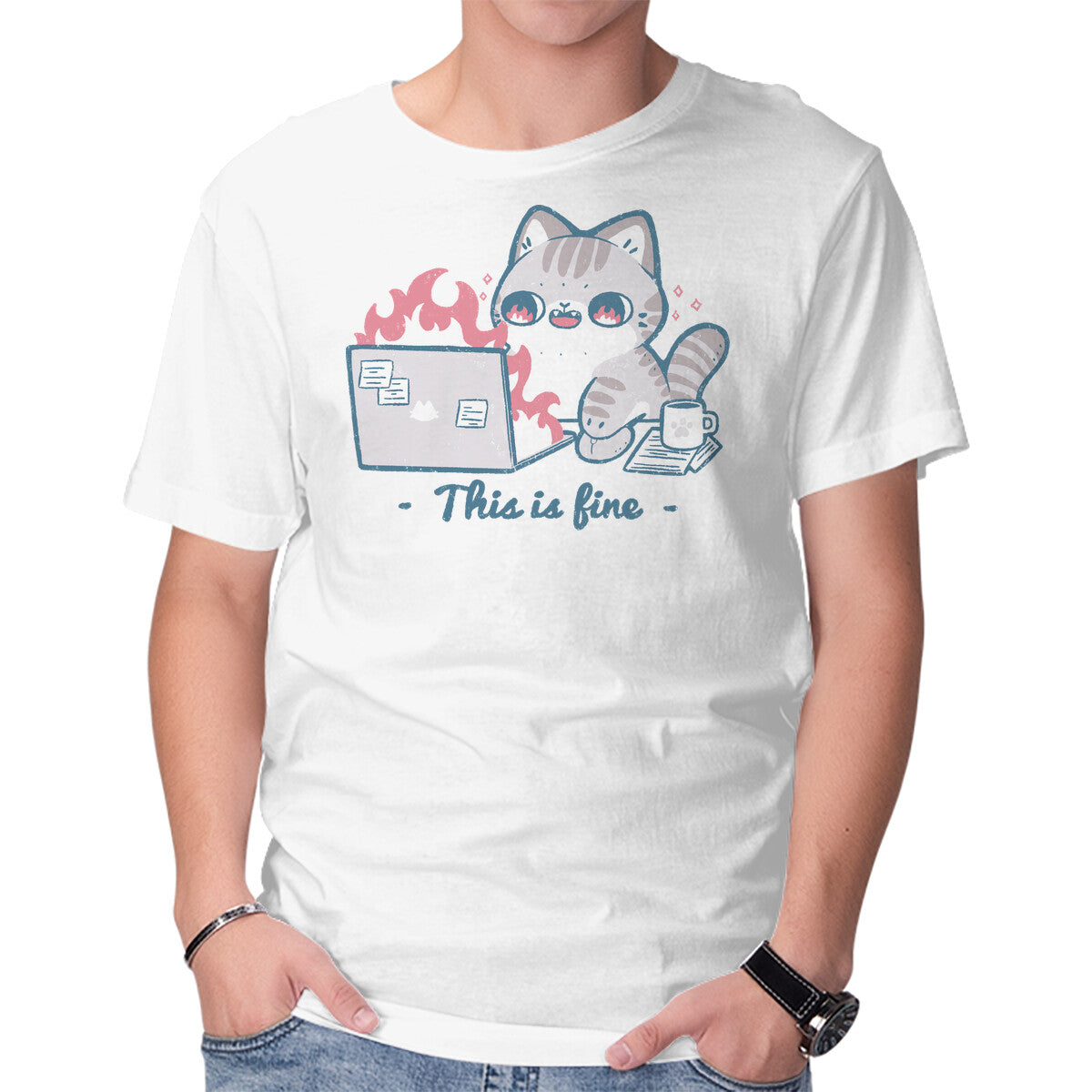 Unisex Crew Neck T-Shirt This Is Fine Cat Working Graphic Short Sleeve Casual Tee XS