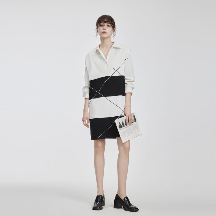 ELLE Chic Color-Blocked Striped V-Neck Long Sleeve Dress Women dresses Black White EL50698