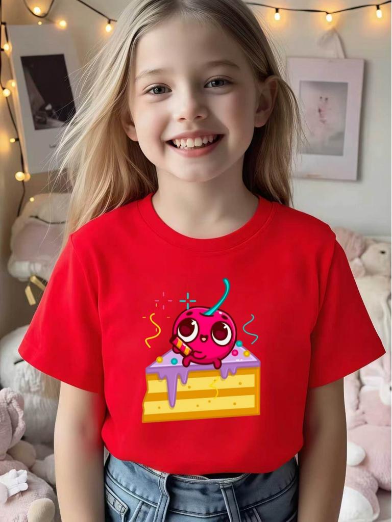 European sizes Girls' Print Short Sleeve T-Shirt, Cartoon Cherry Cake Design | Breathable Summer Outdoor Running Theme Party Campus