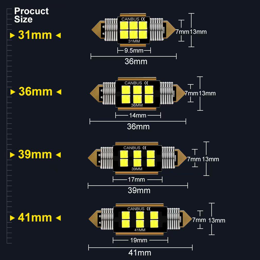 1x C5W LED-Glühbirne, Canubs, 12 V, 6 SMD, superhell, weiß, C10W LED-Soffitte, 31 mm, 36 mm, 39 mm, 41 mm, fehlerfrei, Innenbeleuchtung