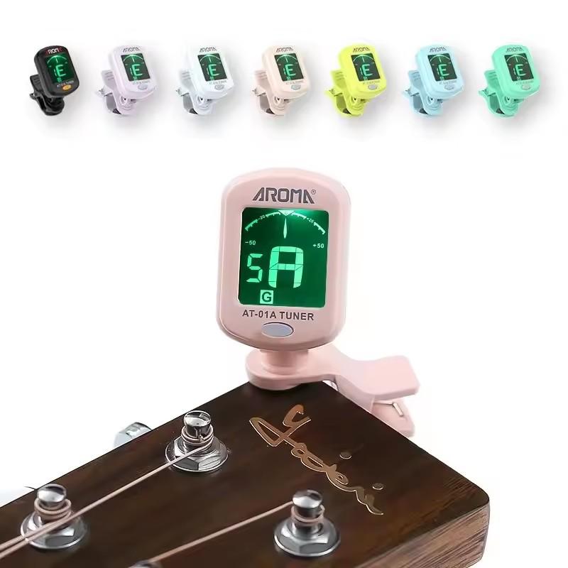 AROMA AT-01A Guitar Tuner Rotatable Clip-on Tuner LCD Display for Chromatic Acoustic Guitar Bass Ukulele Black Guitar Parts
