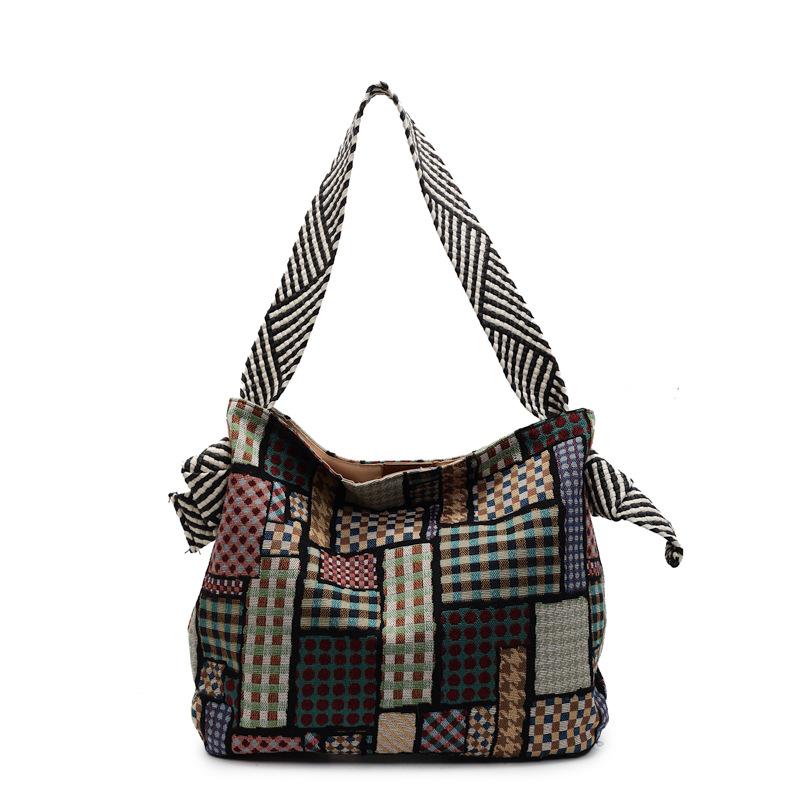Color Block Tote Bag Women Print Plaid Shoulder Bag