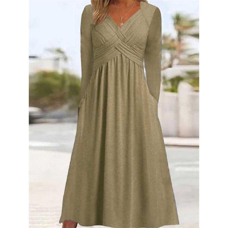 Fashion Women Dress Casual Ladies Skirt Solid V-neck Long sleeve dress Women