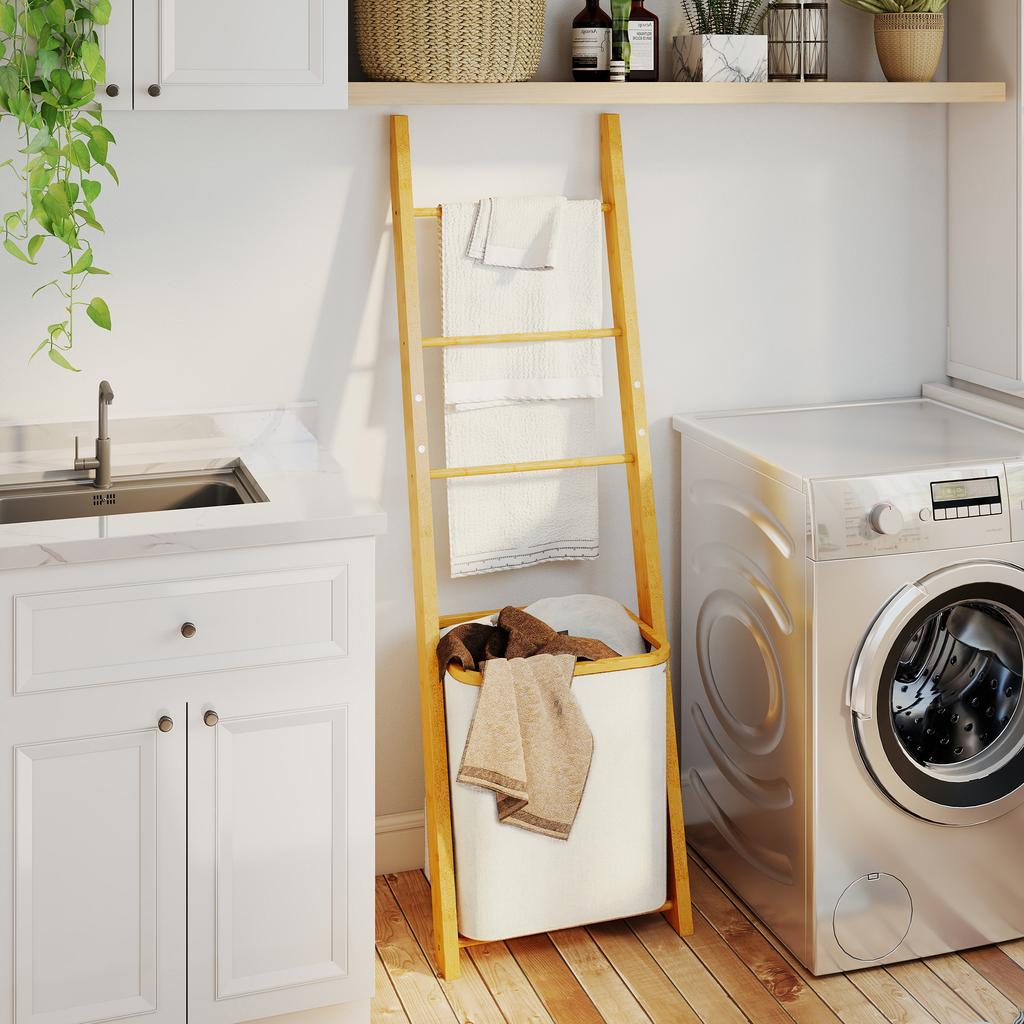 Bamboo Towel Rack with Laundry Basket, Ladder Rack, 43 x 35 x 133 cm, Cream