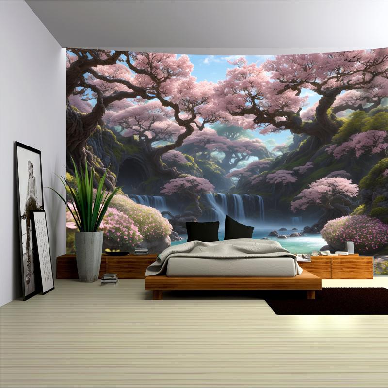 VIKAMA Verträumtes Kirschblüten-Wasserfall-Wandteppich Japanisches Heilungs-Wunderland Wandbehang für Schlafzimmer Ferienwohnung Dekoration