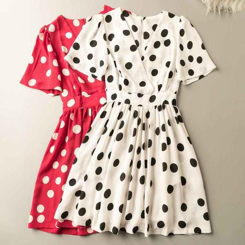 

Summer Export K-style New Small Fresh Young Vitality V Neck Short Sleeve Pullover Dress White background black big dot S