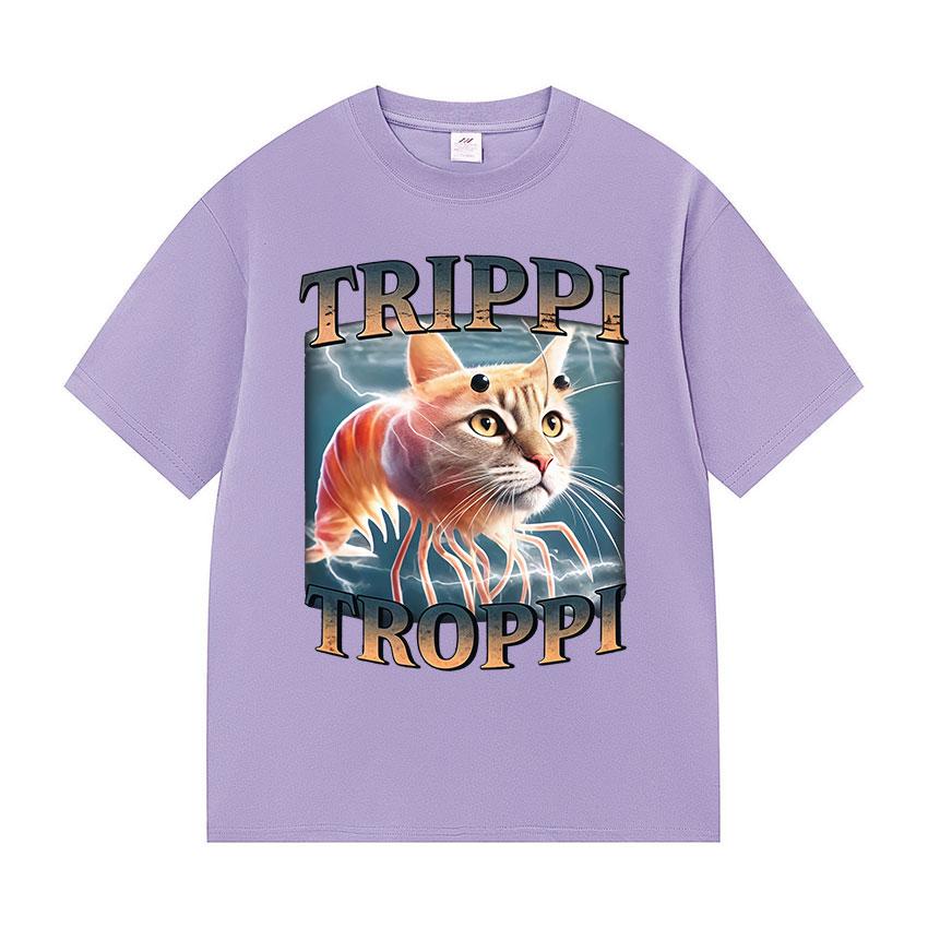 Italienischer Brainrot Trippi Troppi Katze Lustiges Meme Grafik T-Shirts Herren Damen Lässig Kurzarm T-Shirts Mode O-Ausschnitt Baumwoll-Tees