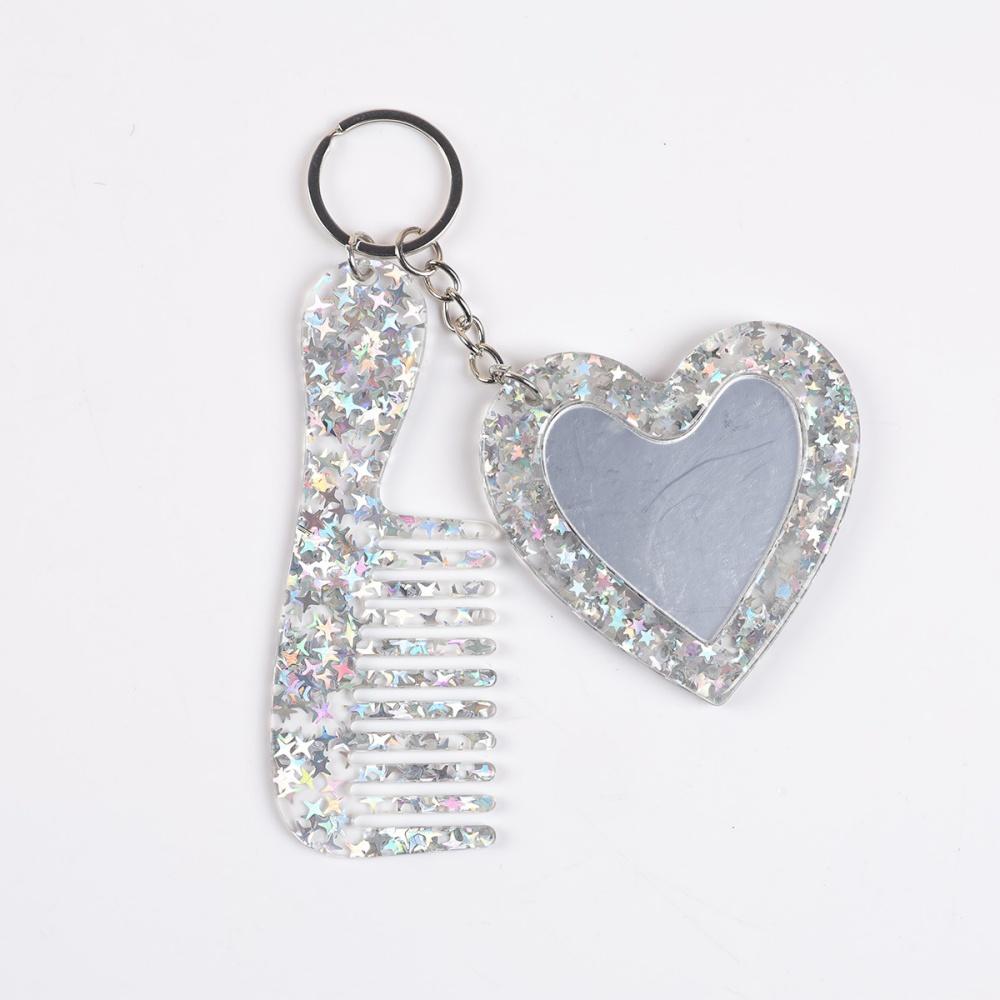 Mini Heart Makeup Mirror Comb Keychain Women Bag Pendant Simple Car Keyring Backpack Mobile Phone Decorative Jewelry Gifts